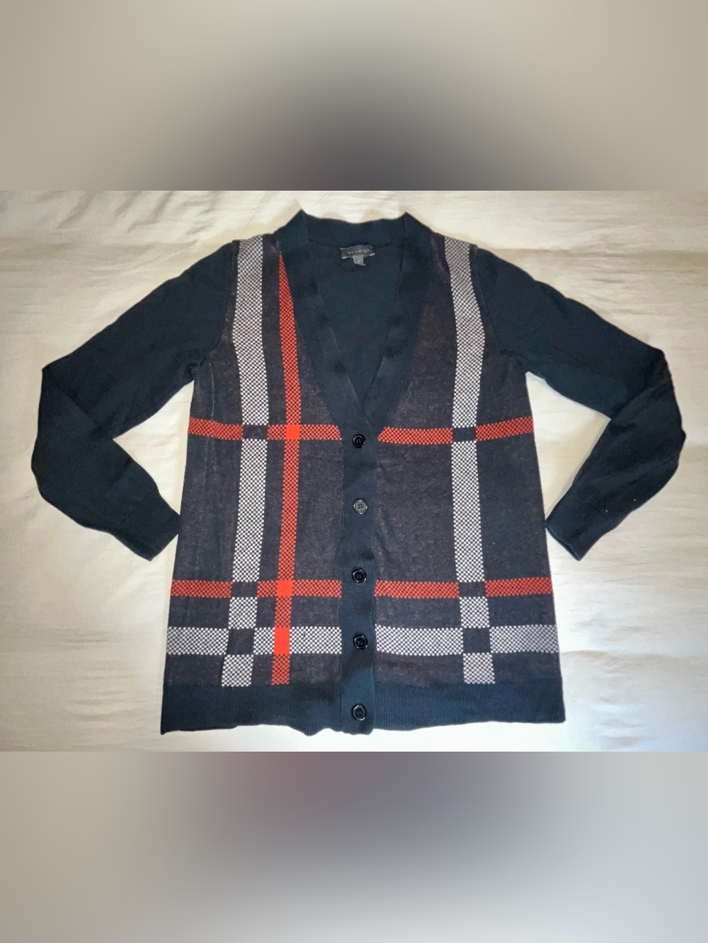 The Limited Navy Plaid V-Neck Button Cardigan Sweater XS